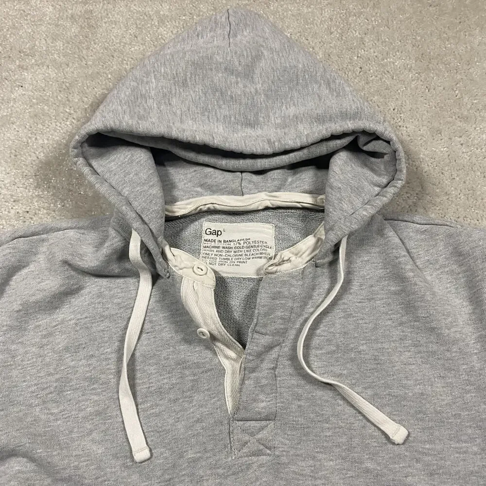 VTG Gap Hoodie Mens L Gray Henley Pullover Sweatshirt French Terry Afterhood - Picture 3 of 7